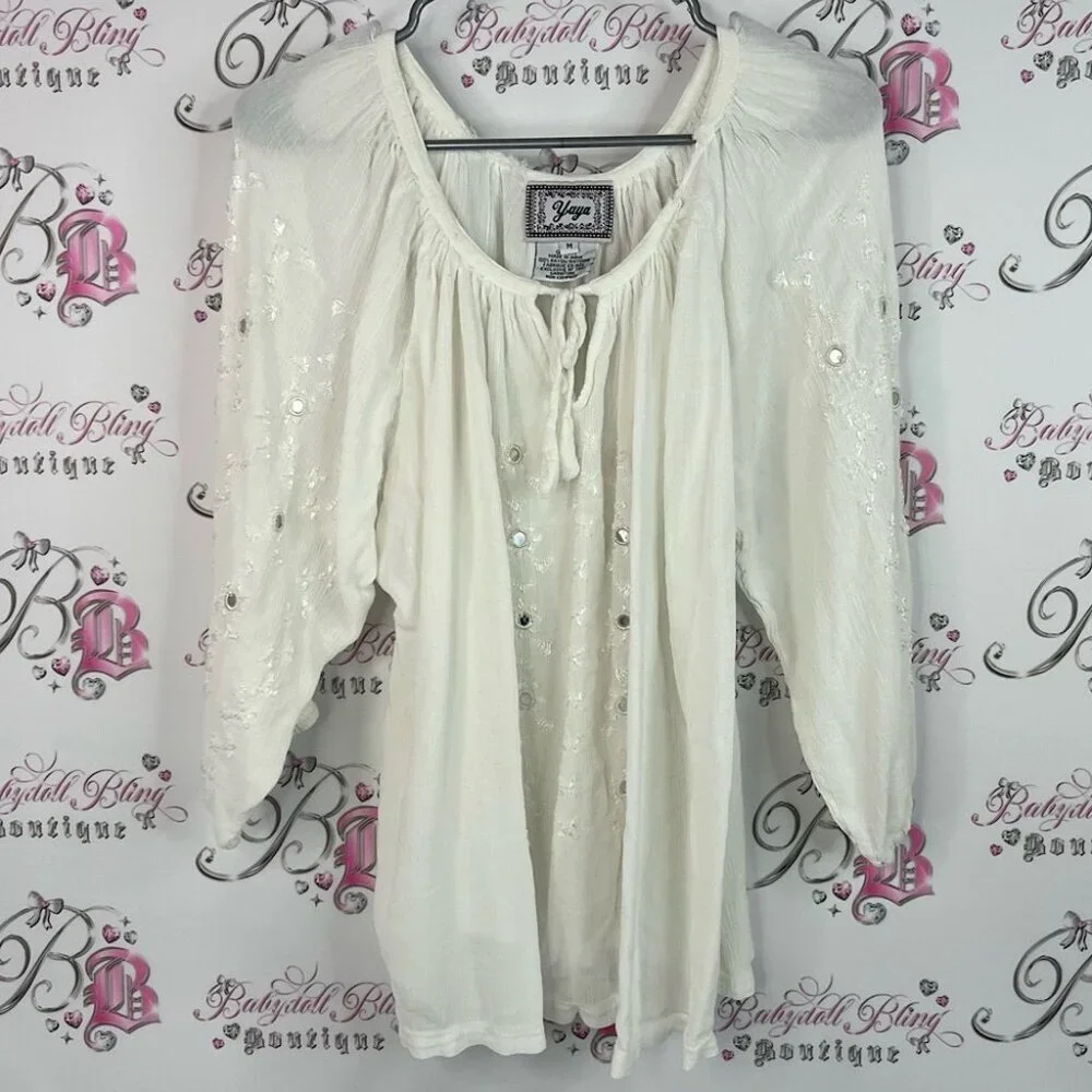 Yaya long sleeve blouse holographic sequins White Embellished Women's Blouse